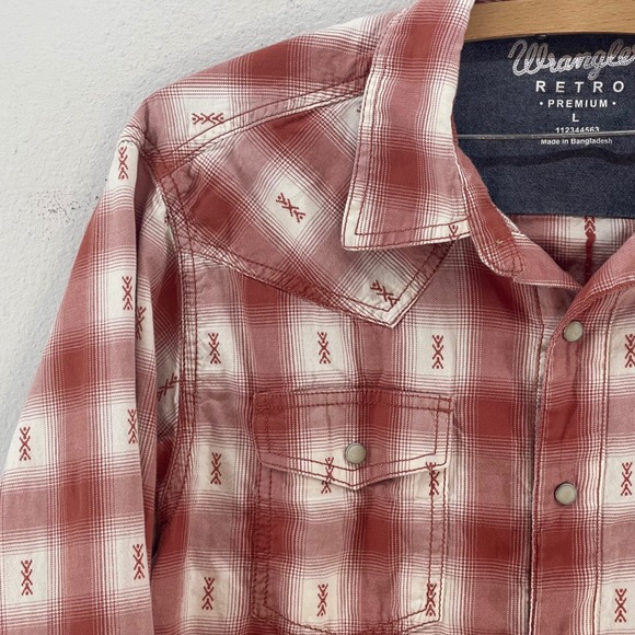 Wrangler Retro Premium Mens Long Sleeve Red Plaid Snap Button Western Shirt L - Picture 2 of 11